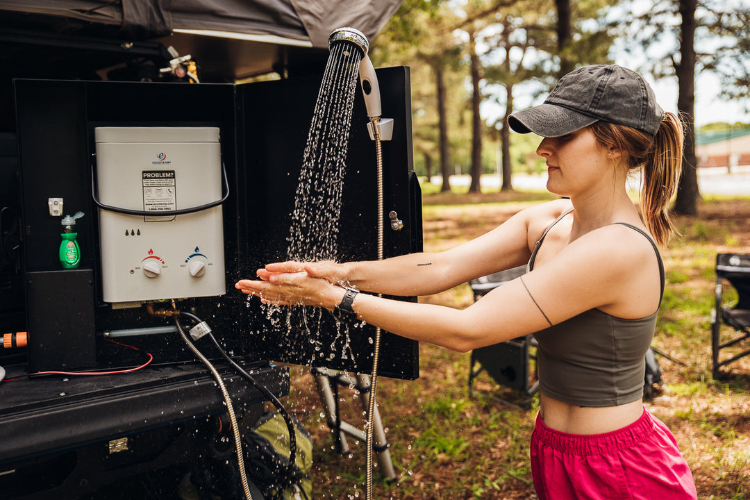 The Overland Shower Water System in use